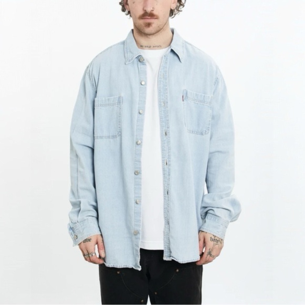 Vintage 90s Denim Button Down Shirt Size XL Light Wash Western Workwear